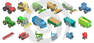 Agricultural machines icons set, isometric style