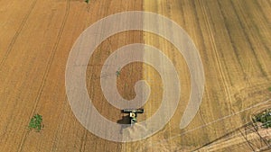 Agricultural machines working in farmland during harvesting golden wheat field.