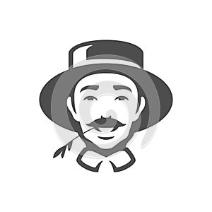 Agricultural man head with straw in mouth monochrome vintage icon vector illustration
