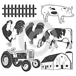 Agricultural objects vector set isolated on white background. Farming labels, design elements, icons.