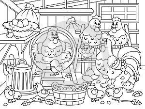 Agricultural premises, chicken coop. Farm bird, chicken family. Raster illustration, children coloring book.