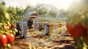 An agricultural robot harvests tomatoes in a field. Harvesting robot with automatically detecting of the ripeness of plants. The