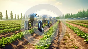 An agricultural robot working in the field. Harvesting robots with automatically detecting of the ripeness of plants. Future 5G