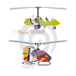 Agricultural rotorcraft airplanes. Helicopters spraying pesticides and fertilizers, side view flat vector illustration