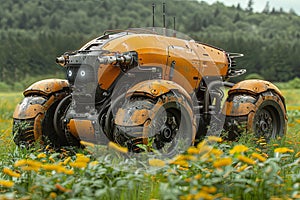 Agricultural self propelled robot rides through a field