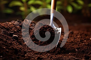 Agricultural Shovel plant soil humus. Generate Ai photo