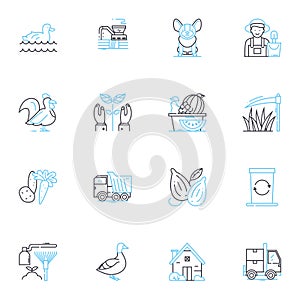 Agricultural showcase linear icons set. Farming, Crops, Livestock, Agriculture, Harvest, Tractors, Irrigation line