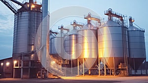Agricultural silo at feed mill factory. Tank for store grain, corn, soybean in feed manufacturing. Animal feed factory.
