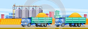 Agricultural silo trucks deliver wheat harvest to grain storage elevator. Cereal harvesting vector illustration