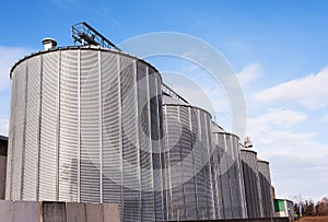 Agricultural silos on blue sky.