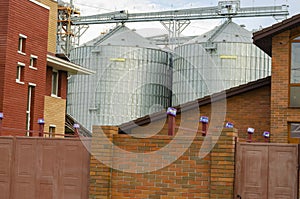 Agricultural Silos. Building Exterior. Storage and drying of grains, wheat, corn, soy, sunflower