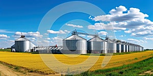Agricultural Silos - Building Exterior, Storage and drying of grains, wheat, corn, soy, sunflower against the blue sky with rice