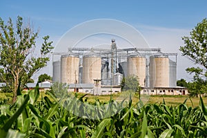 Agricultural silos of concrete and metal.