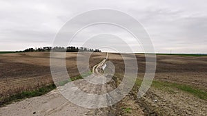 Agricultural spring landscape with cultivated fields and rolling hills