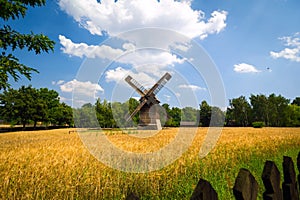 Agricultural summer landscape with old windmill