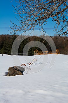 Agricultural tool in a field in witer in Canada, Quebec