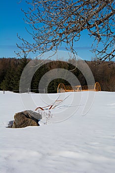 Agricultural tool in a field in witer in Canada, Quebec photo