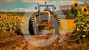 An agricultural tractor drives along the road past a field of sunflowers