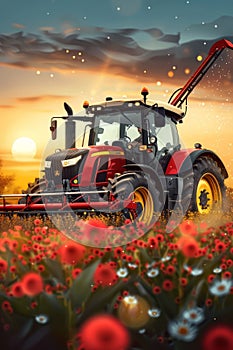 Agricultural tractor irrigating field at sunset with infographic banner for food production industry