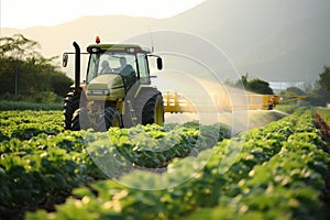 Agricultural tractor spraying pesticides on a lush green vegetable field to protect crops from pests
