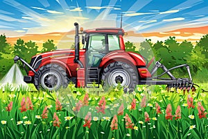 Agricultural tractor at sunset infographic banner design for farming industry and food production