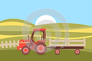 An agricultural tractor with a trailer against the backdrop of farm fields and the sky. Illustration