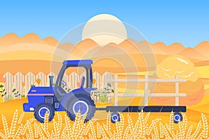 Agricultural tractor with trailer and wheat fields with ears. The concept of a farm and a rural economy. Illustration vector