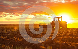 An agricultural tractor working in the field with a golden sunset in the background