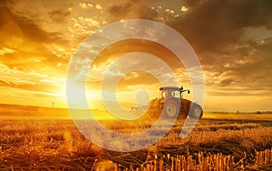 An agricultural tractor working in the field with a golden sunset in the background