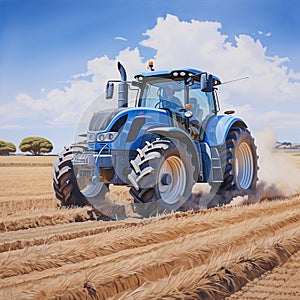 An agricultural tractor is working in a field on a sunny day