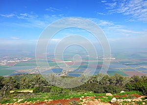 Agricultural valley panoramic view from mountain Gilboa