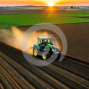 Agricultural vehicle works at sunset in genrative