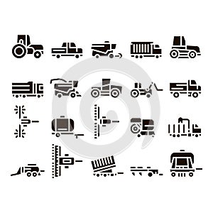 Agricultural Vehicles Glyph Icons Set Vector