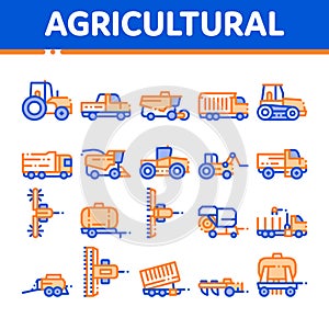 Agricultural Vehicles Vector Thin Line Icons Set