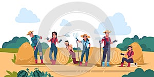 Agricultural work concept. Cartoon farmer characters working in fields, harvesting and cropping. Vector organic eco food