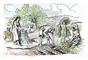 Agricultural work in the Iron Age, vintage engraving