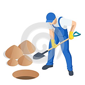 Agricultural work. Isometric man digging soil with a shovel. Farming activity of farmer. Work in the garden. Man digs a