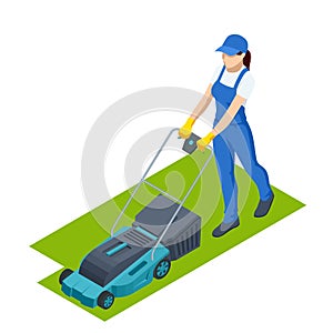 Agricultural work. Woman lawn mower grass cutting farmer harvest in garden . Lawn mover on green grass. Machine for