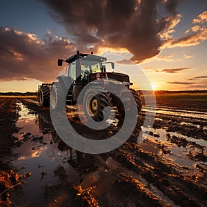 Agricultural workers with tractors. Ploughing a field with tractor at sunset
