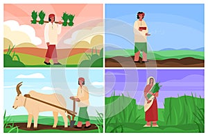 Agricultural works of indian peasants or country people, vector illustration.