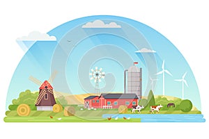 Agriculture, Agribusiness and Farming concept illustration. Rural flat landscape vector illustration.