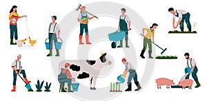 Agriculture and animal farm. Cartoon farmers work in field. People feed livestock or milk cow. Gardeners sell crops and