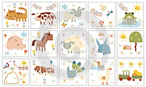 Agriculture animals vector set for educational kids cards.