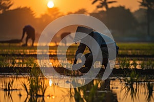 Agriculture of Asia Local Thai farmers are planting rice fields