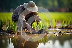 Agriculture of Asia Local Thai farmers are planting rice fields