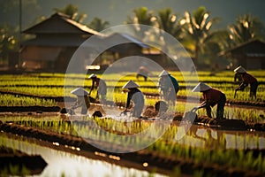 Agriculture of Asia Local Thai farmers are planting rice fields Generative AI