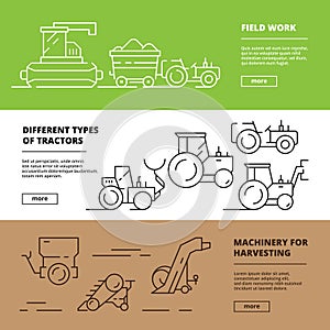 Agriculture banners. Farm machinery harvester tractors agribusiness vehicle vector design template
