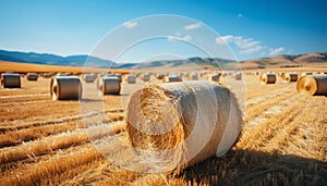 Agriculture beauty in nature rolled up hay bales in meadow generated by AI