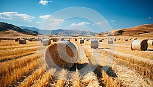 Agriculture beauty in nature rolled up hay bales in meadow generated by AI