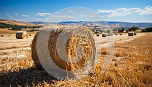 Agriculture beauty in nature rolled up hay bales in meadow generated by AI